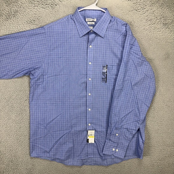 Van Heusen Mens Dress Shirt 17-17.5 36-37 Blue Check Regular Fit Button Up NEW